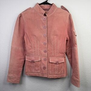 VTG Jennyfer J Suede Jacket M Pink Button Leather Chore Utility Boho Y2K Moto